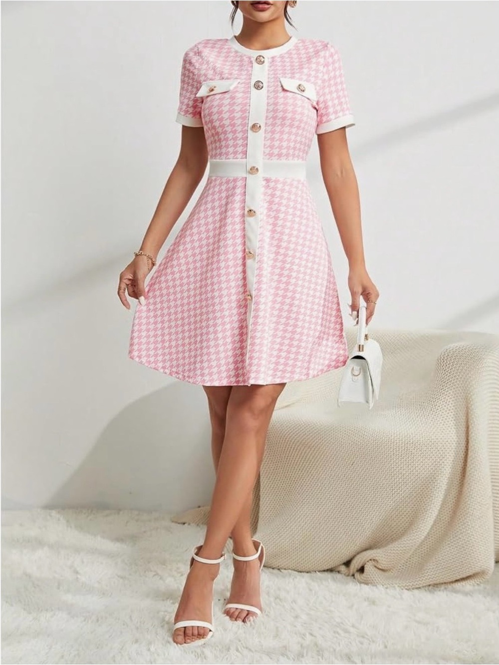 Chic Pink Houndstooth Fit & Flare Knit Dress
